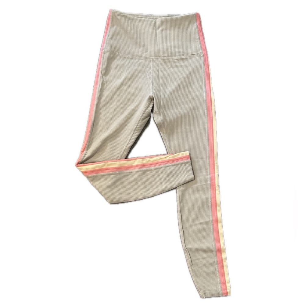 Lorna Jane Taupe Ribbed Leggings with Pink and Yellow Side Stripes